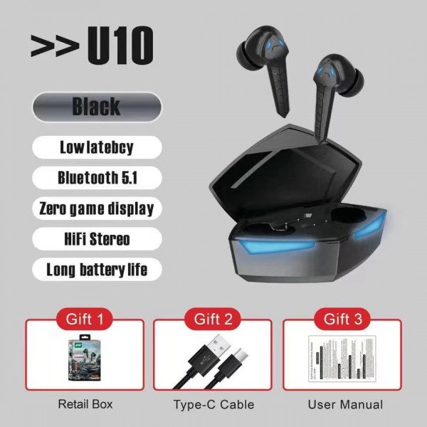 Wholesale Sports Gaming TWS Bluetooth Wireless Headset Earbuds Earphone U10 (Black)